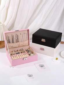 1pc Dual Layer Large Capacity Jewelry Box, Minimalist Leather Jewelry Storage Box, Portable Solid Color Rectangular Jewelry Organizer, Vanity Jewelry Box With Drawer, PU Leather Travel Jewelry Box, Convenient For Travel, Dual Layer Storage Box, Large Capacity For Earrings, Necklaces, Bracelets