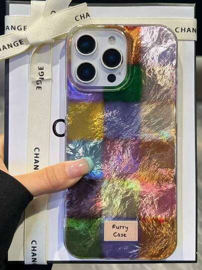 New Colorful Foil Texture Retro Patchwork Contrast Plaid Phone Case Compatible With IPhone 11/12/13/14/15/16/17 Pro/Pro Max, Creative Personalized Shockproof Protective Cover