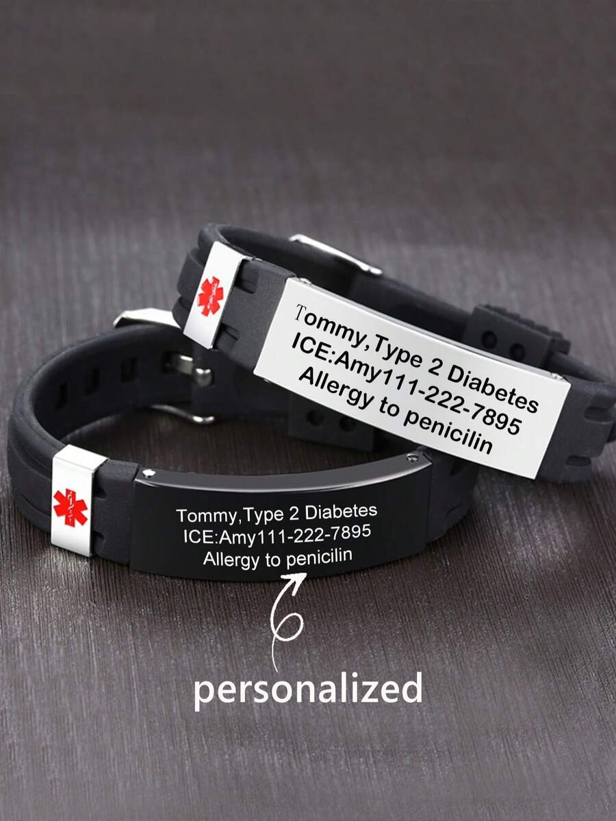 1pc Customized Laser Engraved Red Medical IP Logo Stainless Steel & Silicone Adjustable Bracelet, Unisex Daily Wear, Father's Day/Friend's Gift - Red  Sign - View 1