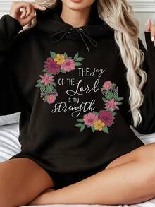Women's Fashionable Black Hooded Sweater With The Joy Of The Lord Couple'S Matching Pattern Print - Warm Long-Sleeved Pullover, Casual Strap-On Hooded Sports Shirt, Suitable For All Seasons, Casual Pullover Shirt