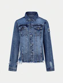 Women's Denim Jacket With Long Sleeves And Buttoned Distressed Denim Jacket - Medium Wash - View 2