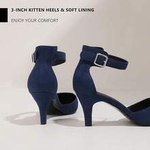 Women's IN3 D'Orsay Pumps Low Kitten Heels For Women Dress Shoes Pointed Closed Toe Wedding Bride Ankle Strap Dressy Silver Black Nude White Gold Heels For Women-2025 - 藍色絨面革 - 查看 7