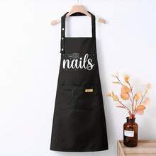 Nail Artist Manicure Pedicure Apron With Nail Polish Design - Adjustable Water & Polyester Apron For Nail Technicians, Salon & Spa Use, 2 Pockets, Workwear (Black With White Lettering) - màu đen - Xem 5
