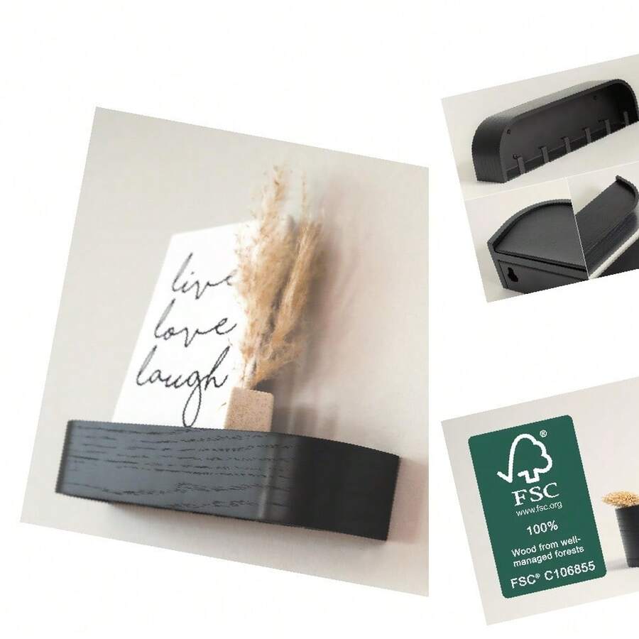 Kazai Fyndig Minimalist Wall-Mounted Key Holder With Wooden Shelf, 6 Hooks, Oak & Black