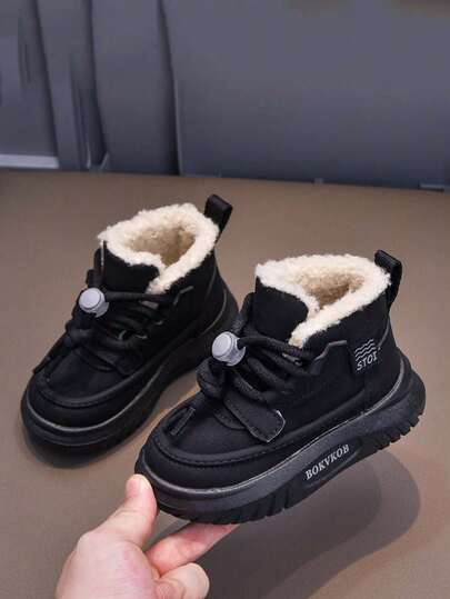 1 par de botas de nieve de suela gruesa y unicolor, de estilo coreano, con forro cálido, suela antideslizante y suave, adecuadas para otoño/invierno, para niños y unisex