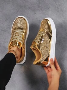 女士时尚休闲运动鞋、亮面旅游鞋、学生运动鞋、系带运动鞋、平底跑鞋、轻便休闲鞋、四季低帮闪光鞋、时尚个性运动鞋 - 金色 - 查看 5