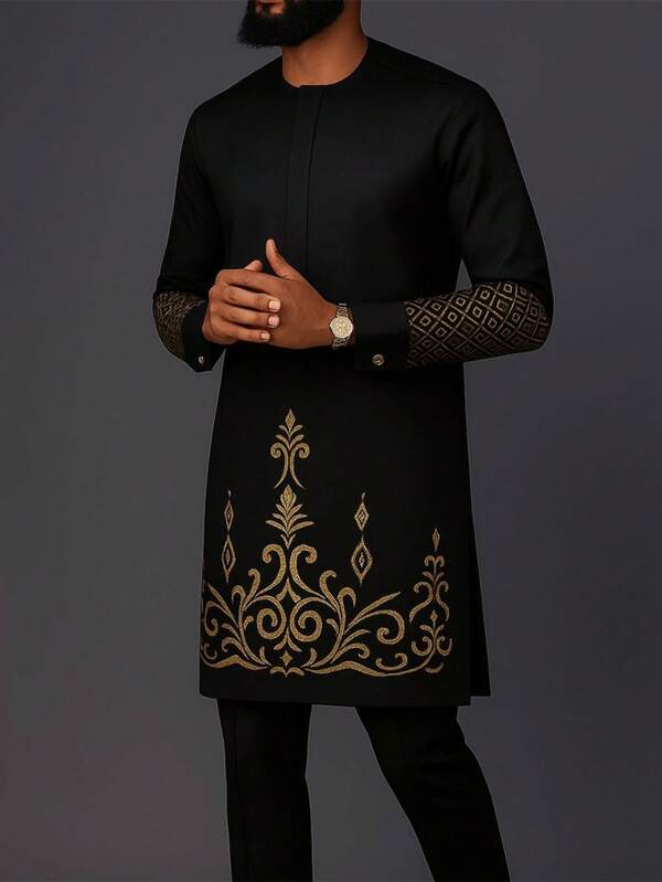 Dashiki 2 Pieces Men's Suit Kaftan African Men's Suit Long Sleeve Embroidered Round Neck Shirt And Casual Pants Suit Men's Wedding Suit, Men's Party, Business, Daily Wear, Luxury And Elegant African Men's Traditional Suit