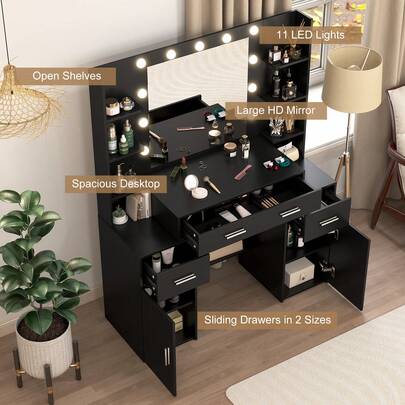 Makeup Desk Mirrored Dressing Table  Lighting Vanity Dresser Drawers Bedroom - Perfect For Organizing Makeup, Skincare, Vanity Furniture, Compact For Small Space, Bedroom Decor Gift , Suitable For Christmas And Halloween Decorations