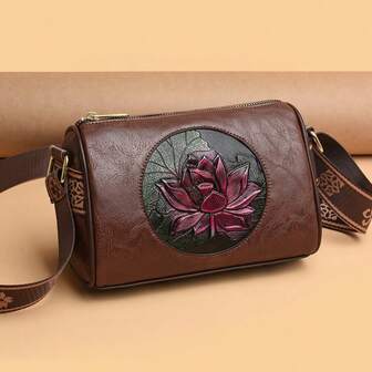1Pc Lotus Printed Shoulder Bag, Fresh And Sweet Temperament, Versatile PU Material, Fashionable Lotus Mother High-End Crossbody Bag, Daily Commuting, Shopping, Travel, Mobile Phone Jewelry, Keys And Other Items To Store