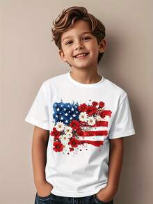 Unique Floral American Flag Floral 4th Of July Novelty Awesome Graphic Kid T-Shirt Cute Kid T Shirts Trending Tees Tops For Kid - White - View 3