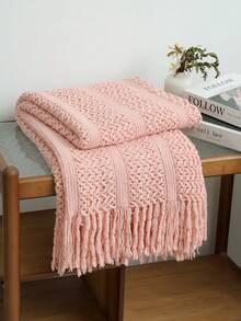 1 件卡其色针织盖毯，带流苏的休闲午睡毯，适用于卧室、客厅、沙发、椅子 - 絞花巾粉紅色 - 查看 4