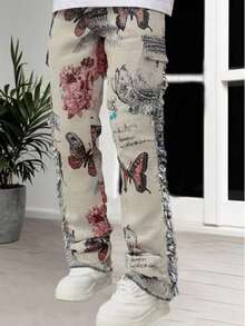 Men's Fashion Jeans Butterfly Floral Jacquard Fringe Hem Trousers Multi-Pocket Cargo Pants Slim Straight Pants Streetwear - 白色 - 查看 3