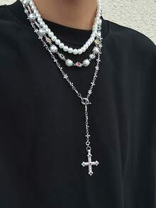 Set de 2 collares con colgante de cruz y flor de perlas falsas estilo hip-hop para hombres, collar gargantilla de moda de alta gama y personalizado, adecuado para universidad, fiesta, reunión, combinado con suéter, chaqueta de cuero en otoño/invierno - 06839 - Ver 2