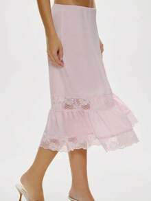 Women's Y2k Flower Embroidery Lace Slip Midi Skirt Fashionable Casual Solid Color Elastic Waist Low Rise A Line Maxi Skirt Ruffle Hem Flowy Long Skirt Pajamas Skirts Loungewear - 粉色 - 查看 4