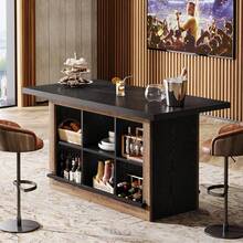 Tribesigns 62.6" Rectangular Bar Table With Storage, Home Bar Cabinet Unit With 6 Spacious Cubbies And Metal Footrests, Large Counter Height Pub Table For Home Kitchen, Dining Room, Brown & Black - Nâu + Đen - Xem 5