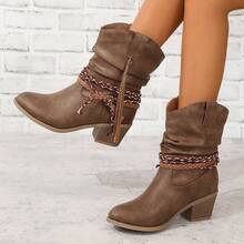 Brown Knee High Fringed & Braided & Buckled High Heeled Fashion Boots For Women - màu nâu - Xem 8