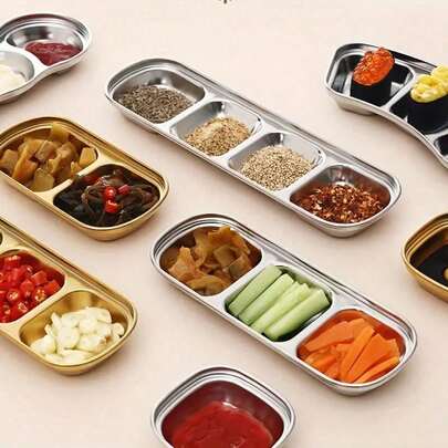 1pc Stainless Steel Korean Style Dipping Sauce Dish, Hot Pot & BBQ Seasoning Plate