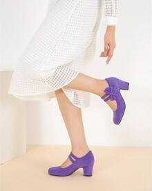 Enelauge Women's Mary Jane Heels With Bow Retro Closed Round Toe Pumps Sweet Ankle Strap Low Block Heels Chic Bowtie Vintage Dress Wedding Party Office Daily ShoesChristmas - 紫色絨面革 - 查看 5