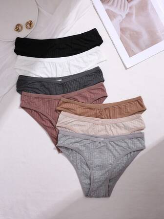 7 st/förpackning damtrosor i enfärgat, bekväma, ribbat tyg med stretch