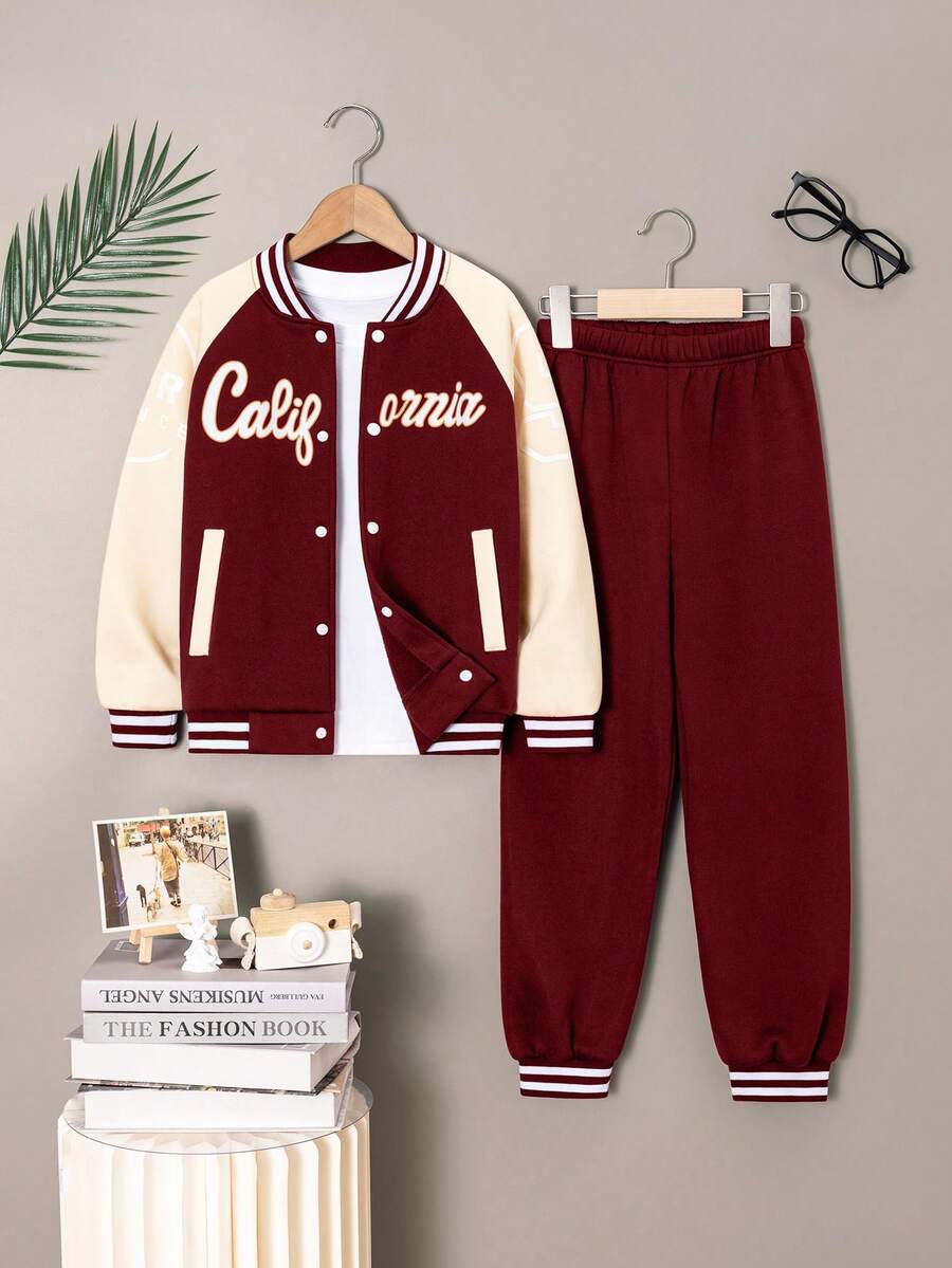 2pcs/Set Young Boy Casual Fashion Letter Print Raglan Sleeve Contrast Color Sweatshirt & Pants Set - Burgundy - View 1