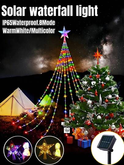 ضوء نجمي شلال شمسي - 8 أوضاع إضاءة، 200/290 مصباح LED، مقاوم للماء IP65، مناسب لشجرة عيد الميلاد في المنزل والحديقة والممر والفناء والحفلات والأعياد والأعياد الوطنية وزينة عيد الميلاد والديكور المنزلي والإضاءة الشمسية الخارجية لعيد الميلاد (أبيض دافئ/ملون) زينة عيد الميلاد هدية شجرة عيد الميلاد ديكور حفل زفاف خريف ديكور أعياد الميلاد لهدايا لوازم الحفلات داخلي خارجي حديقة عيد الهالوين ديكور زينة الهالوين