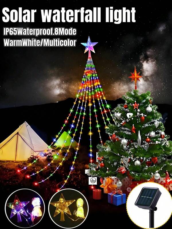 2M/3M 太阳能星星瀑布灯 -8 种照明模式，200/290LED，IP65 防水，适用于家庭圣诞树花园、草坪、街道、庭院、婚礼、派对、花园、新年假期和生日装饰、圣诞装饰家居装饰、户外太阳能圣诞灯（暖白/彩色）圣诞装饰圣诞树礼物装饰感恩节婚礼秋季装饰生日装饰礼物派对用品室内室外花园节日万圣节装饰万圣节装饰品
