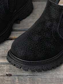 1 双男女通用儿童保暖内衬雪地靴，纯色纹理，秋冬户外婴儿短靴 - 黑色 - 查看 5