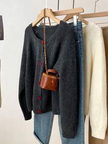 Vintage Heart Button Solid Color Wool Blend Oversized Crew Neck Cardigan, Minimalist & Versatile For Autumn/Winter - Dark Grey - View 1