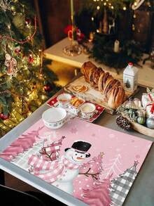 4 pièces Napperons de Noël bonhomme de neige, napperon à carreaux roses et rouges résistant à la chaleur, napperon en lin imprimé à carreaux de Noël, convient pour la cuisine, la salle à manger, les mariages, la décoration de la maison, la décoration intérieure, la décoration de table, les fêtes de Noël, un cadeau idéal