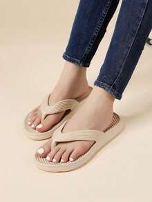 Women's Plus Size Thong Sandals, Solid Color Simple Beach Slippers, Unisex