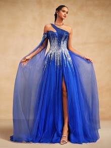 VIPGIRL Blue Sequin Patchwork Elegant Design Sheer Mesh Long Evening Dress, Graceful - Blue - View 1