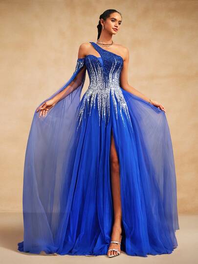VIPGIRL Blue Sequin Patchwork Elegant Design Sheer Mesh Long Evening Dress, Graceful