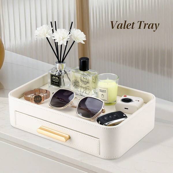 صينية مجوهرات أنيقة من جلد البولي يوريثان ذات طبقة واحدة ودرج واحد، منظم طاولة للمجوهرات والعطور والحقائب المستحضرات التجميلية والاكسسوارات الصغيرة والمفاتيح، صينية مكتب أو مدخل، هدية للرجال والنساء - بيج