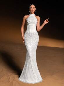 Elisanya 情人节高级魅力奢华高领无袖美人鱼晚礼服，饰以珠饰亮片刺绣、束腰设计和鱼尾廓形——完美适用于婚礼、红毯活动、晚宴、正式晚宴、新年装扮、生日装扮、夏季假日派对等场合。 - 白色 - 查看 7