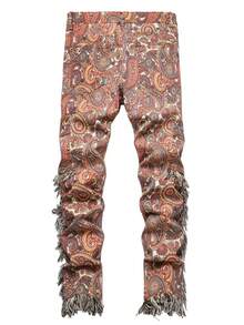 Men's Fashion Jeans Butterfly Floral Jacquard Fringe Hem Trousers Multi-Pocket Cargo Pants Slim Straight Pants Streetwear - 紅色 - 查看 6