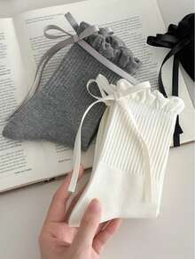 1 双女士秋冬新款蝴蝶结芭蕾袜，纯色蕾丝边甜美中筒袜，百搭日常穿着 - 彩色 - 查看 3