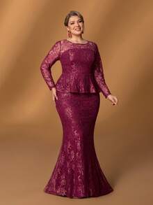 Faeriesty Mosy​ ​Elegant Plus-Size Mother Of The Bride Dress: Small Round Neckline, Flattering Long Sleeves, Dramatic Fish Tail Skirt, Chic 2 In 1 Design. Perfect For Formal Wedding Ceremonies, Black Tie Galas, Grand Evening Banquets, Upscale Anniversary Celebrations, Sophisticated Fundraising Balls.​​
