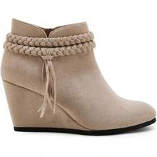 Womens Wedge Ankle Boots Braided Fringe Strap Western Heeled Fall Booties Dress Shoes - 2-米色(仿麂皮) - 查看 4
