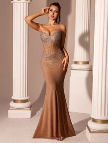 Elisanya 露肩 V 领长款舞会礼服 水钻鱼骨褶饰高腰露背系带舞会礼服 鸡尾酒会礼服 活动宴会晚礼服 - 卡其色 - 查看 3