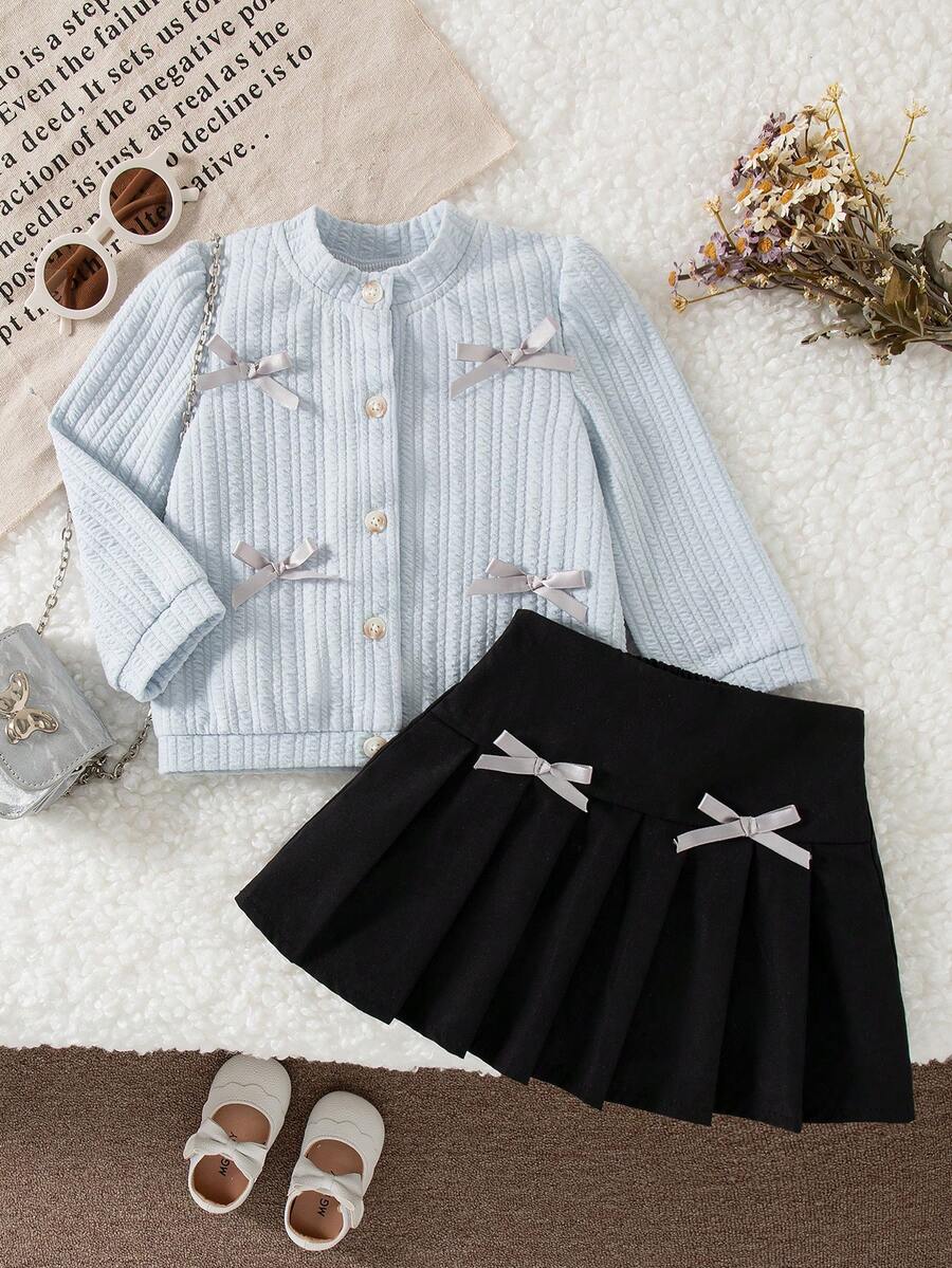 Autumn/Winter Baby Girls' Cute Sweet Ribbon Bow Lantern Sleeve Light Blue Knit Cardigan & Black Pleated Skirt Set