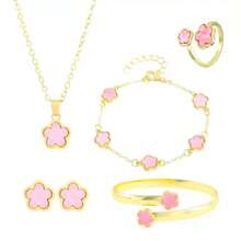 Five-Petal Flower 5-Piece Set Necklace Bracelet Bangle Earrings Ring Elegant Set - Hồng - Xem 10