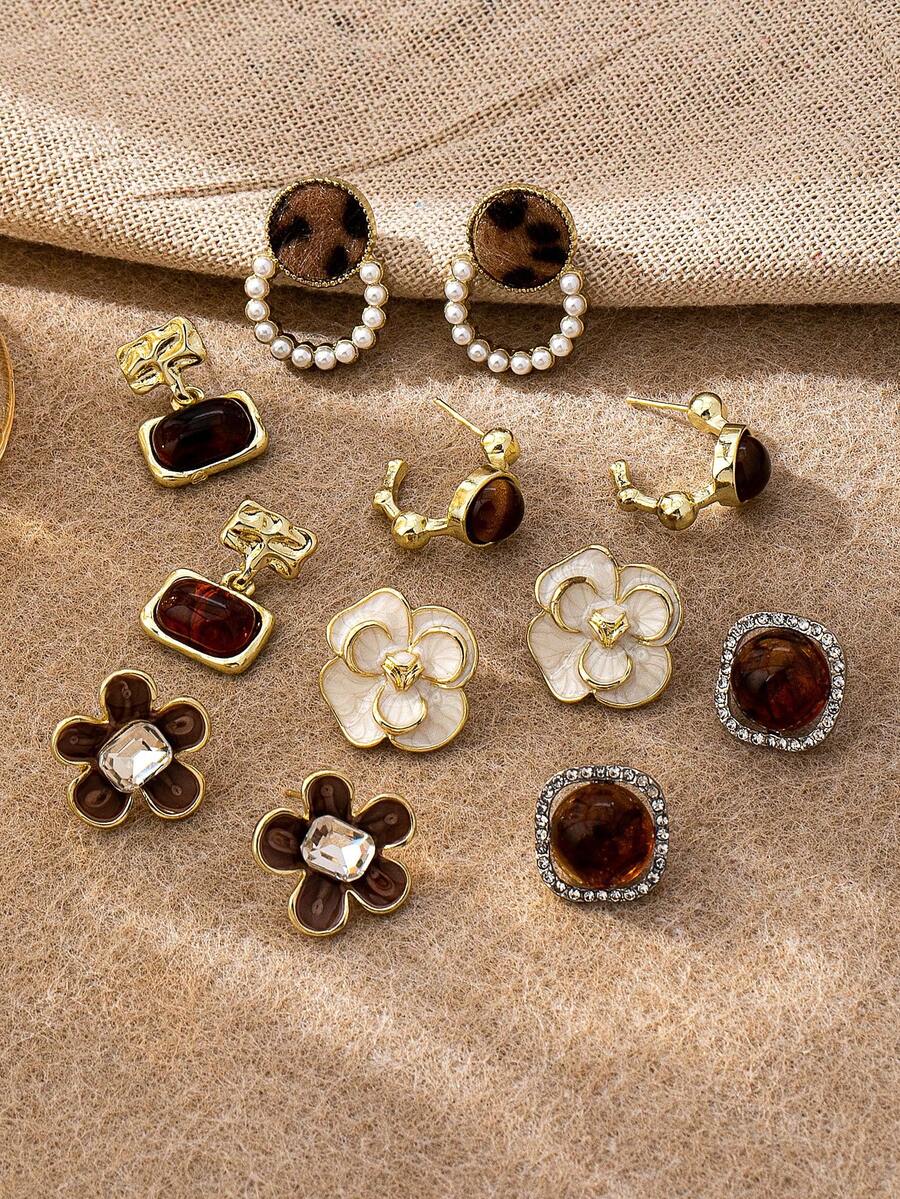 1/6 Pairs Fall Leopard Print Tortoise Resin Flower Post Earring, Minimalist Hoop Earrings Jewelry For Women Stackable Everyday Wear - Multicolor - View 1