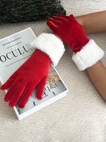 2PCS Festive Christmas Party Etiquette Gloves, Red And White Velvet Faux Fur Mouth Warm Gloves, Perfect For Weddings, Valentine's Day, And Winter Celebrations, Christmas Gloves, Christmas, Party