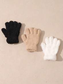 3 Pairs Children's Solid Color Half-Fleece Knitted Gloves, Warm For Autumn/Winter
