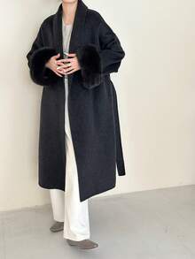 Women's Classic Shawl Collar Tie-Waist Long Double-Sided Wool Coat, Casual Extra Long Jacket For Autumn/Winter - Carbon Black - View 8