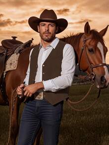 Retro Men's Western Cowboy Suit Vest Slim Fit V Neck Suede Leather Dress Vests Vintage Prom Wedding Casual Waistcoat