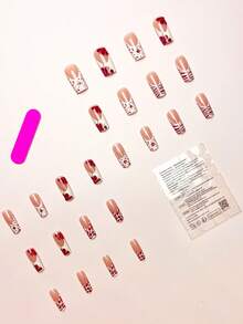 24片/套极简法式美甲中长款甲片，饰以红色花朵、3D水钻和波点图案，可重复使用，包含果冻胶和1个指甲锉，适合办公室女性、休闲约会、下午茶、秋冬季户外活动等场合。 - 彩色 - 查看 3