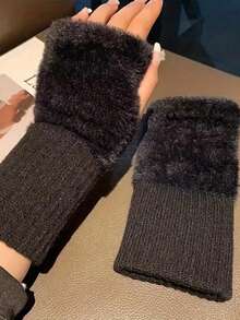 2 双女式露指针织毛绒手套，冬季保暖手套人造毛皮手套多功能可爱办公室骑行防风露指手套