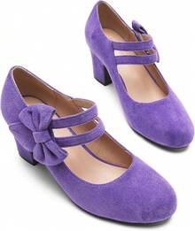 Enelauge Women's Mary Jane Heels With Bow Retro Closed Round Toe Pumps Sweet Ankle Strap Low Block Heels Chic Bowtie Vintage Dress Wedding Party Office Daily ShoesChristmas - 紫色絨面革 - 查看 10