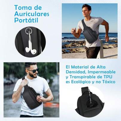 Mochila cruzada para hombres impermeable, ligera, con puerto para auriculares, mochila cruzada, bolsa para hombres, viajes, actividades al aire libre, negra